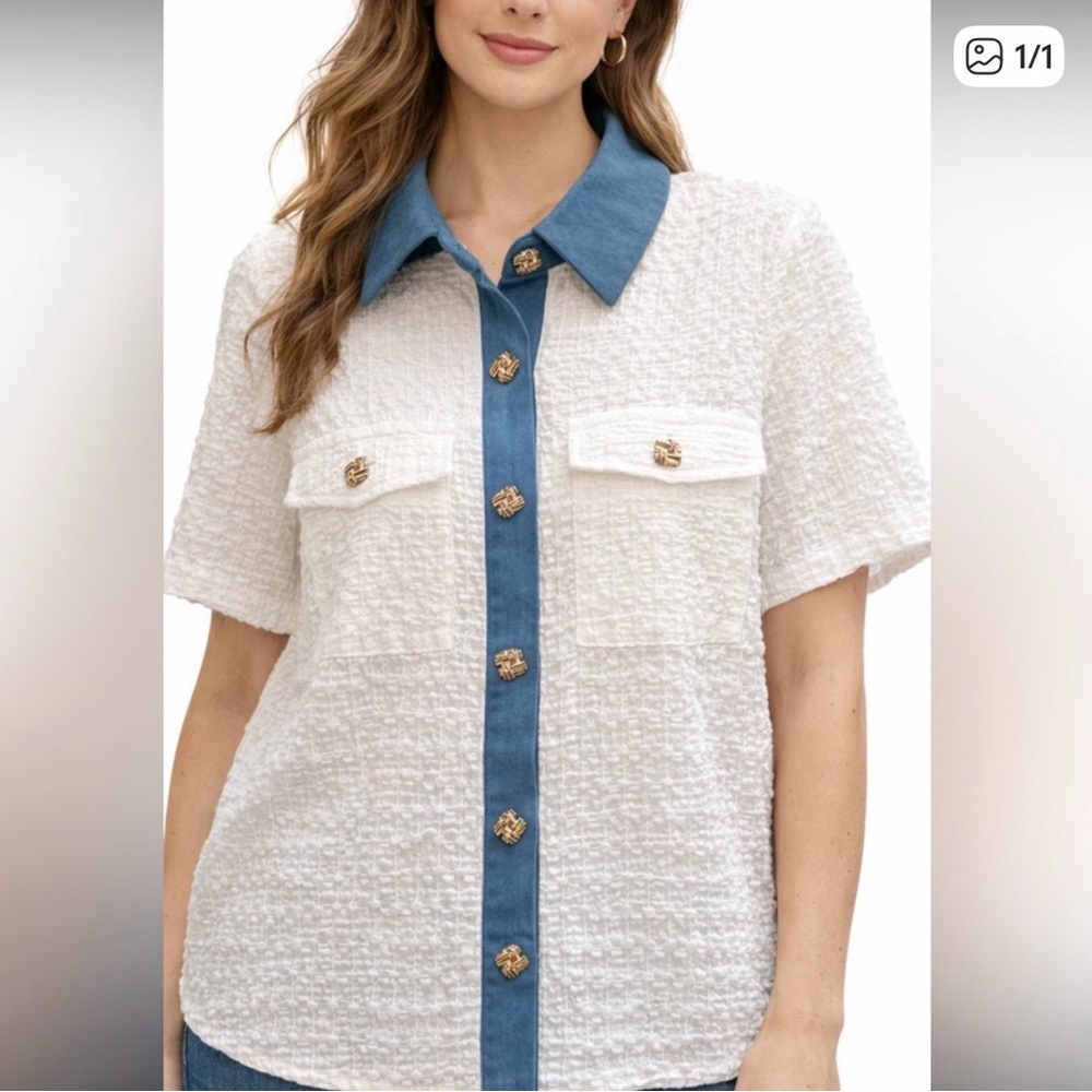 (NWOT) Textured White Short-Sleeve Tweed Shirt with denim Blue Trim